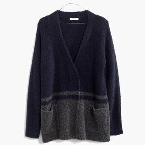 Madewell Wool Alpaca Blend Boucle Gray Blue Striped Cardigan Sweater